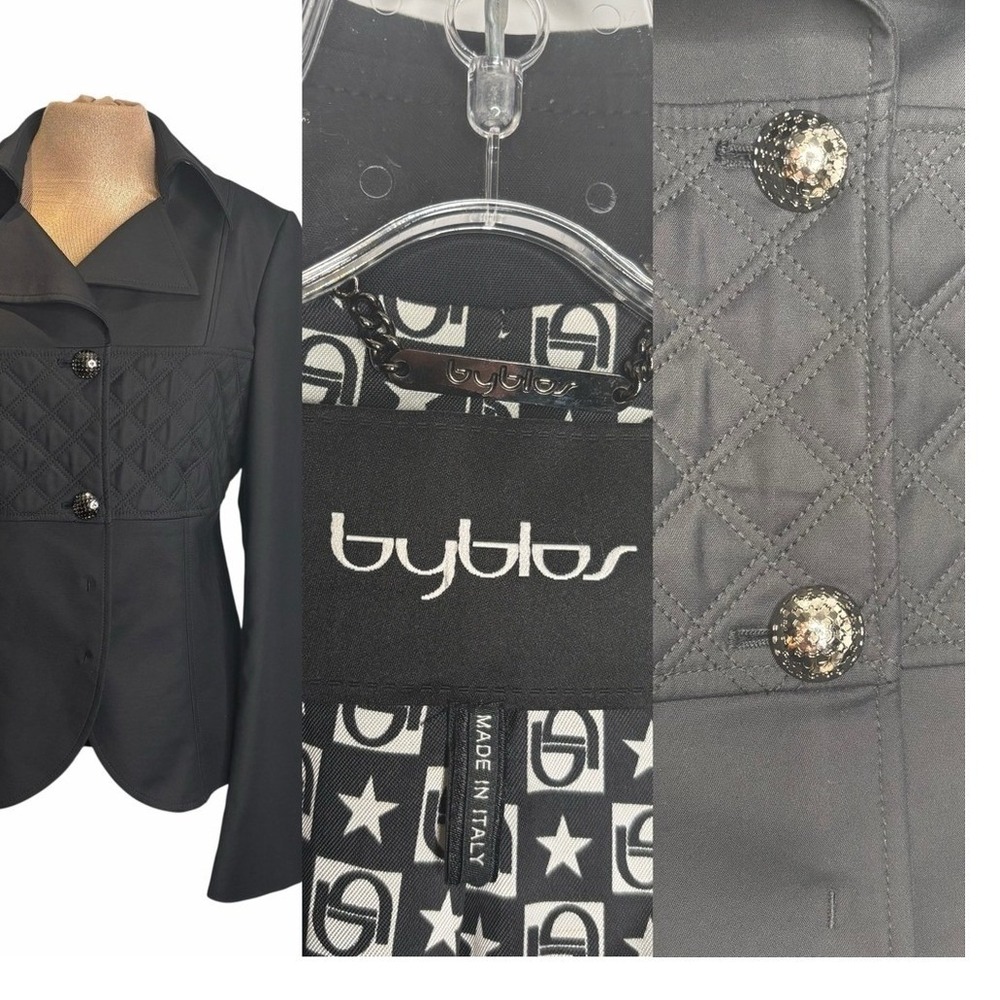 VTG Byblos Italy Black Cropped Blazer Jacket Quilted Panel Star Lining Size 10